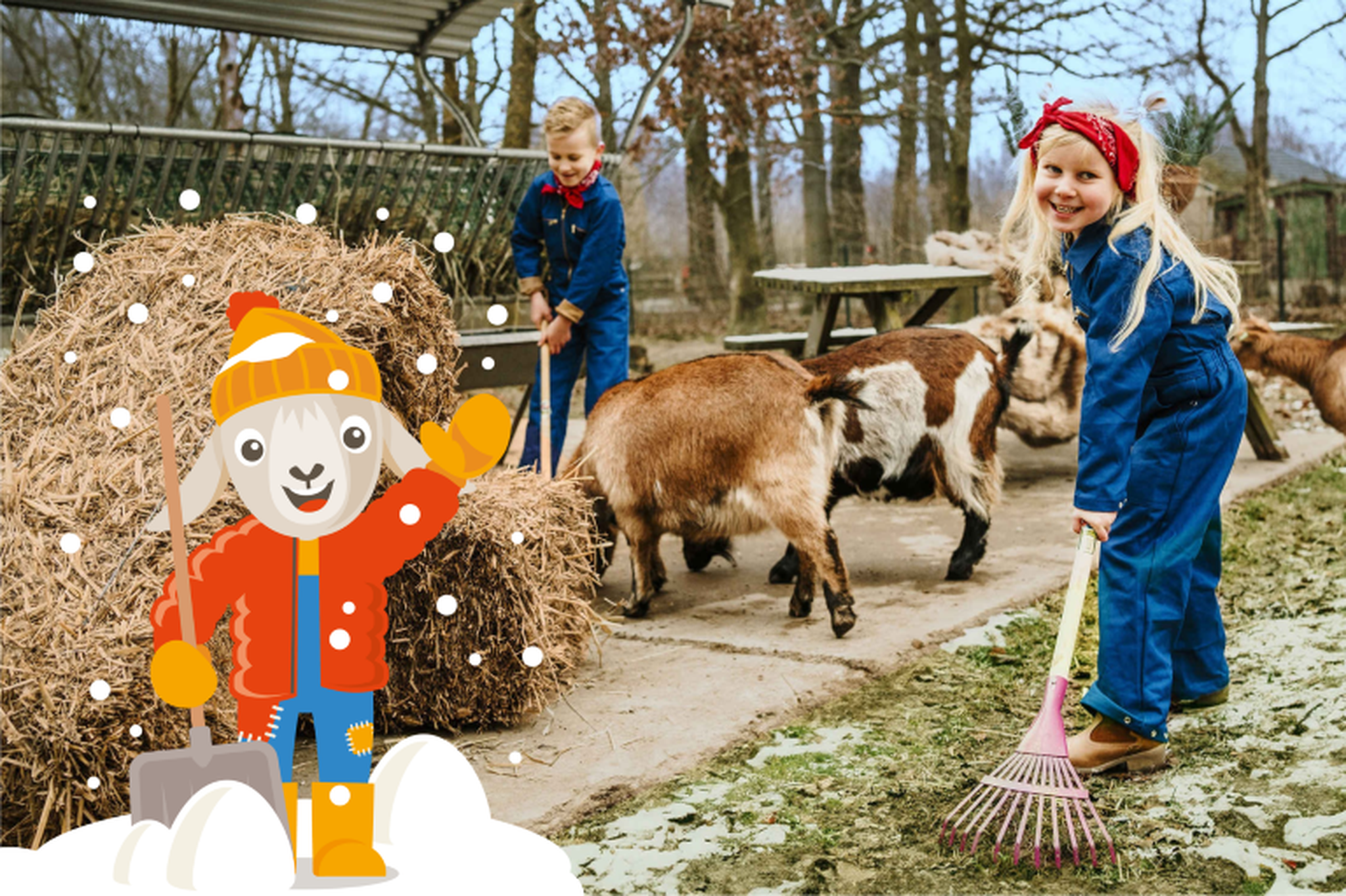 Twee kinderen maken het geitenverblijf schoon bij Vakantiepark Dierenbos.
