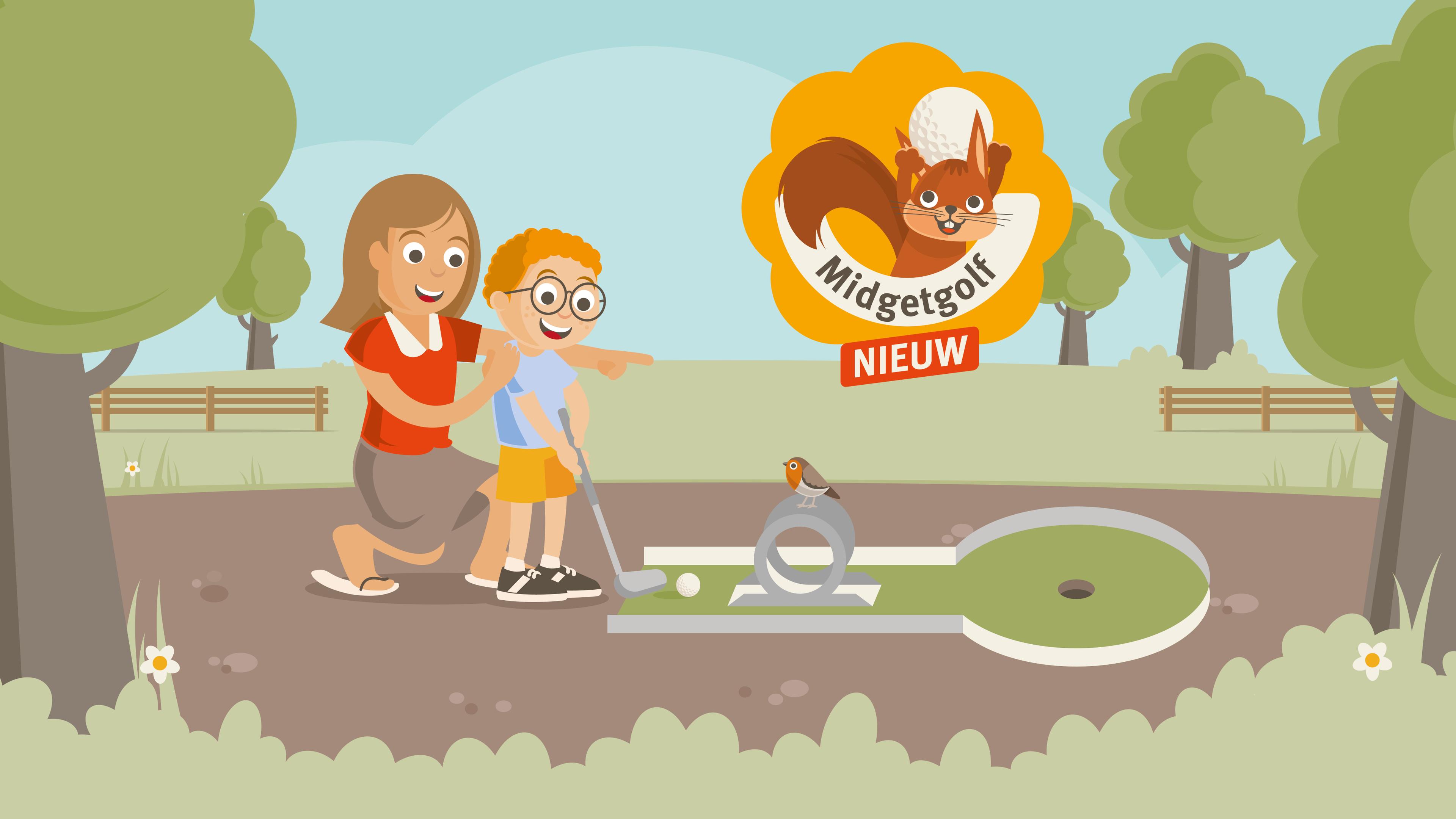 Een illustratie van een gezin bij de minigolfbaan bij Vakantiepark Dierenbos.