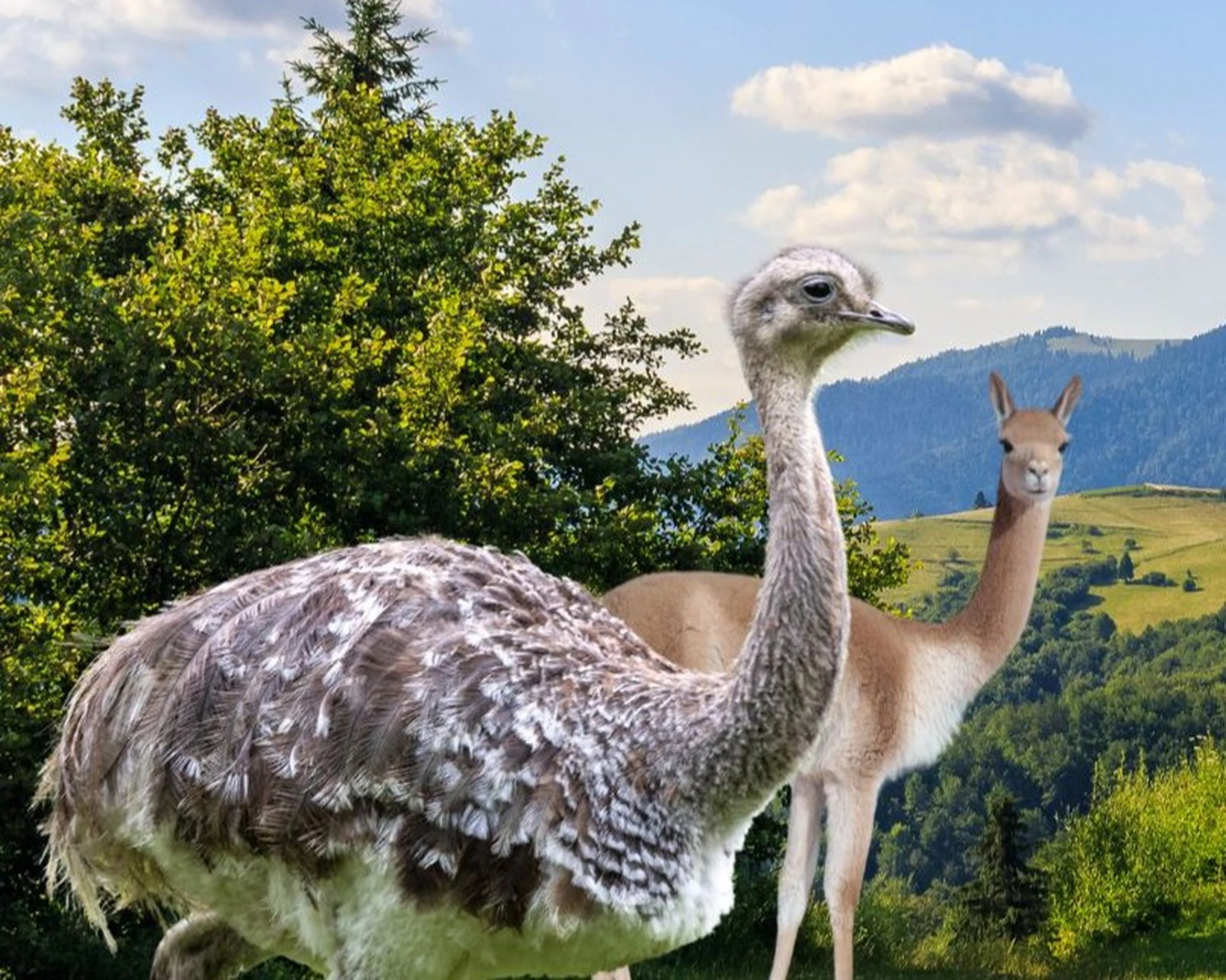 Concept mockup for mixed species grasslands pampa habitat at Paignton Zoo with rhea and vicuna