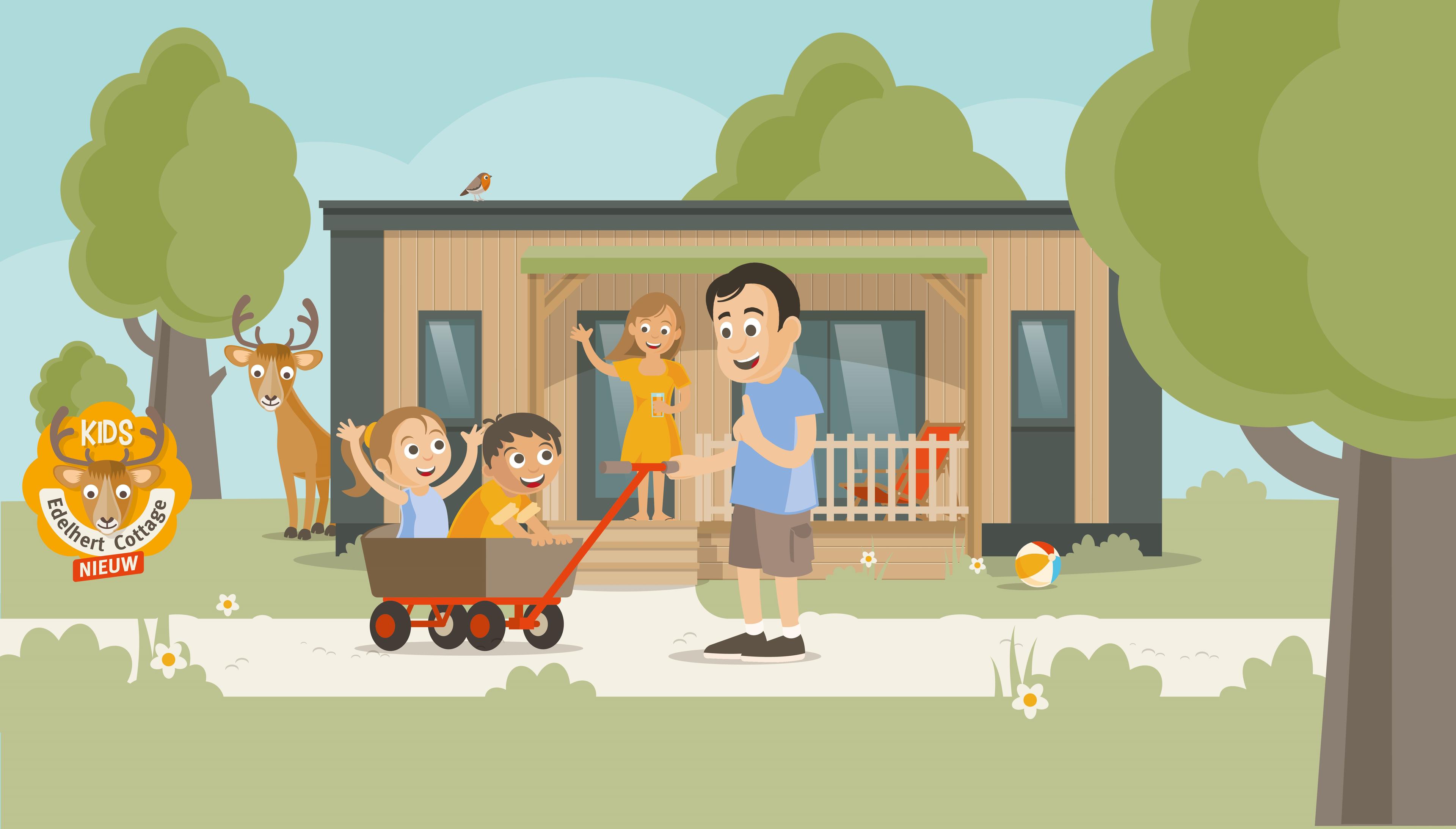 Een illustratie van de nieuwe kidscottage edelhert bij Vakantiepark Dierenbos.