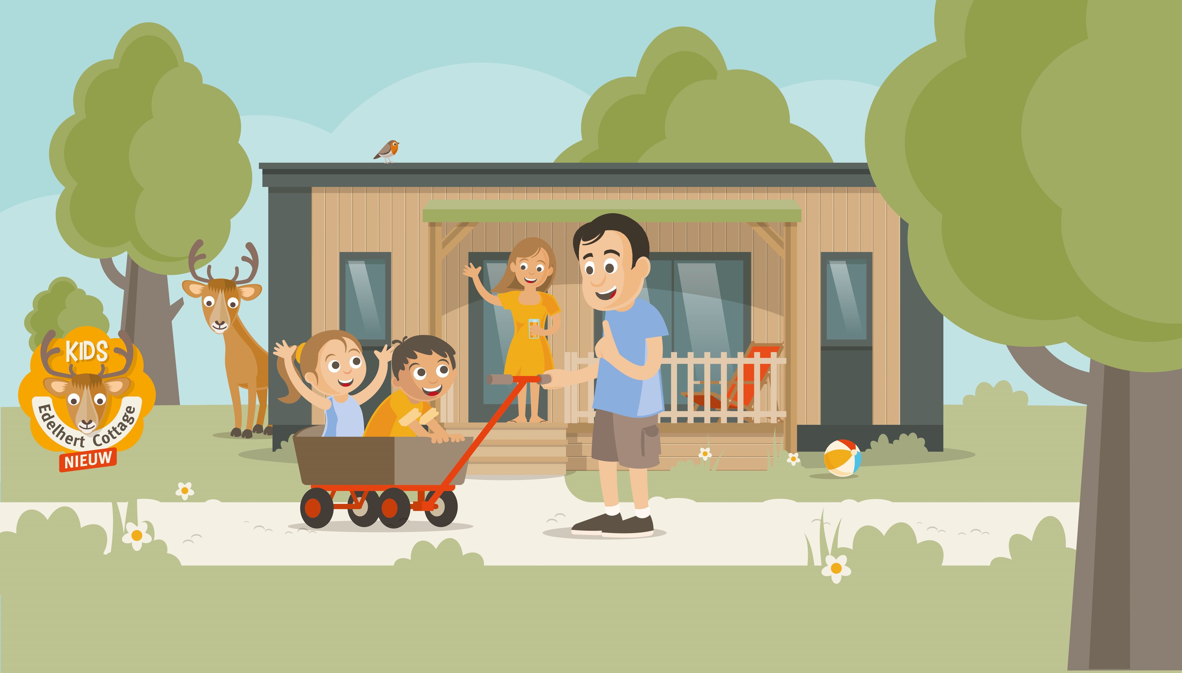 Een illustratie van de nieuwe kidscottage edelhert bij Vakantiepark Dierenbos.