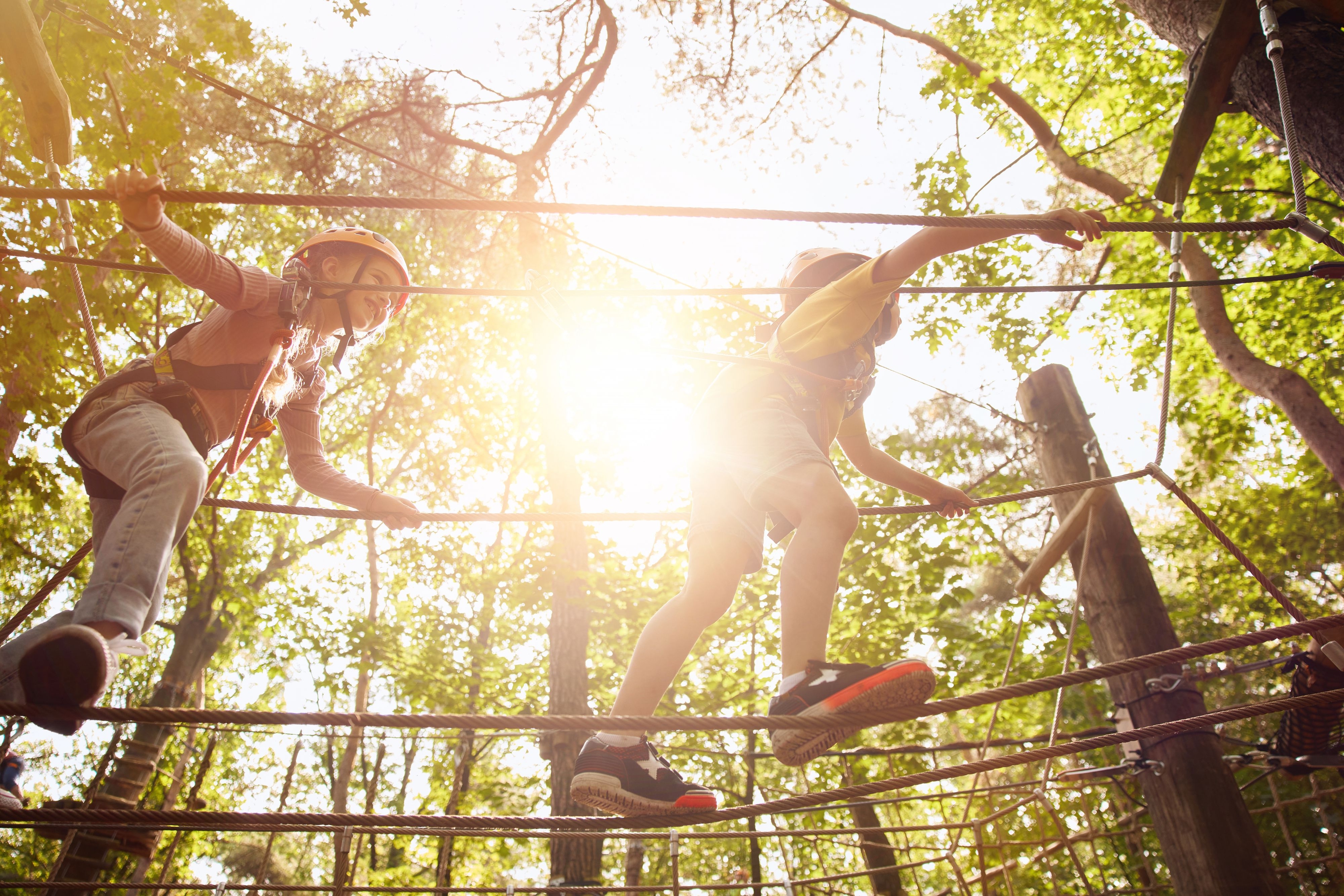Kinderen op de touwbrug in de zon op het Pico-parcours bij Klimrijk Brabant
