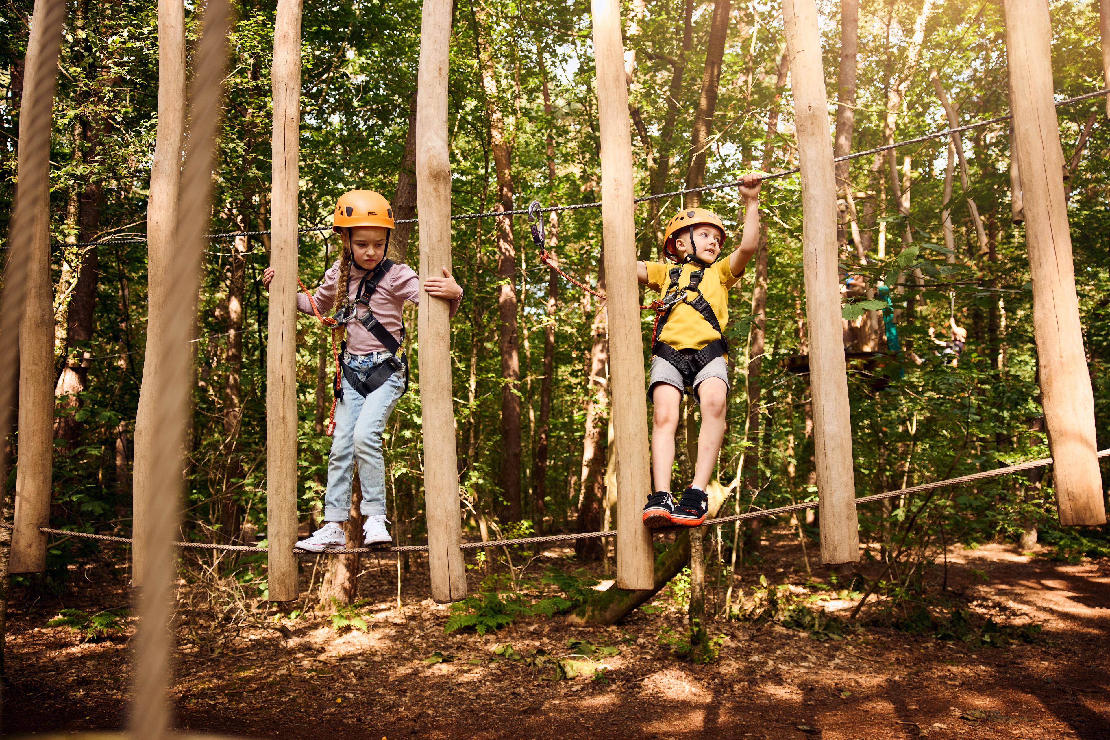 Kinderen op een hindernis met palen op het Pico-parcours bij Klimrijk Brabant.
