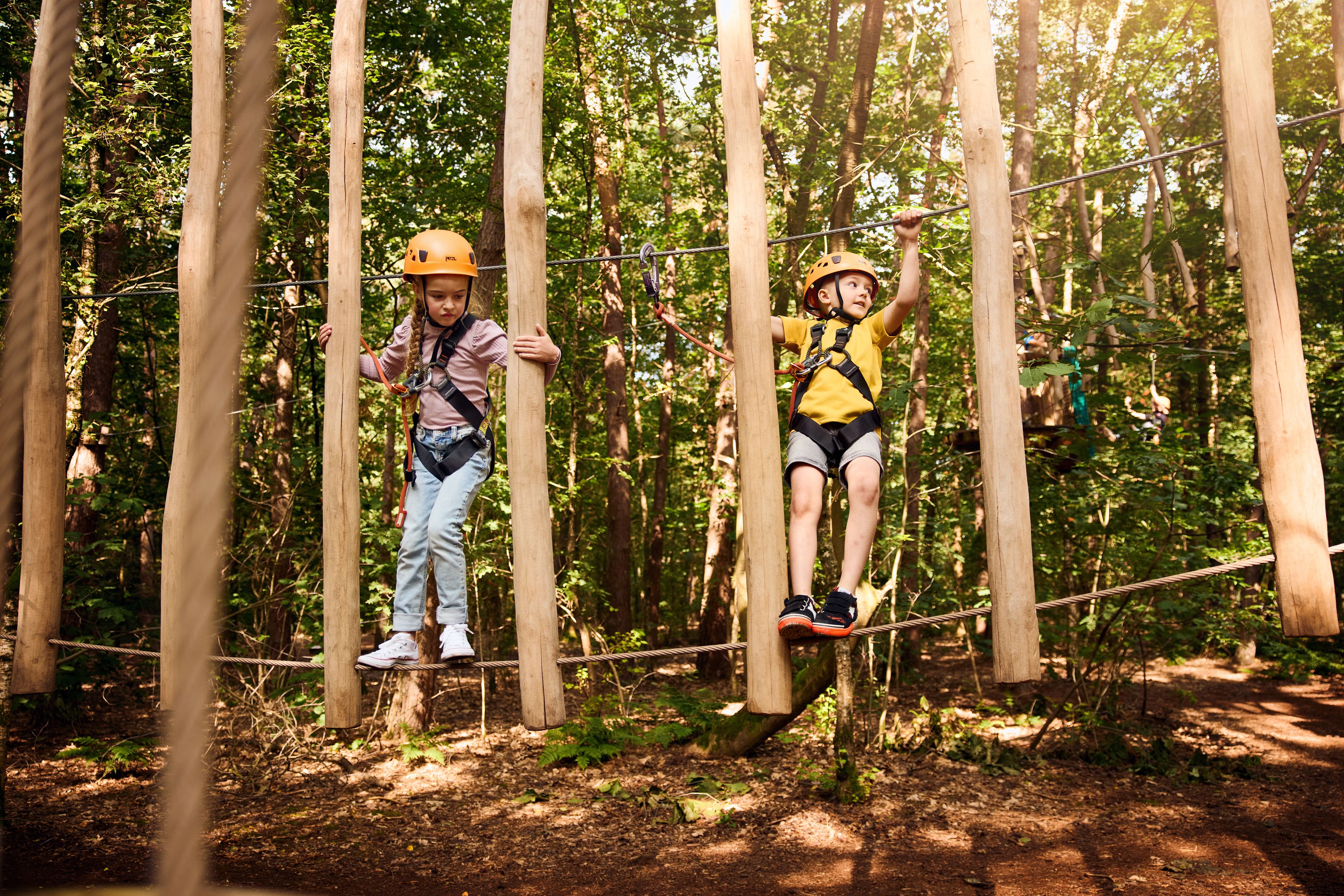 Kinderen op een hindernis met palen op het Pico-parcours bij Klimrijk Brabant.
