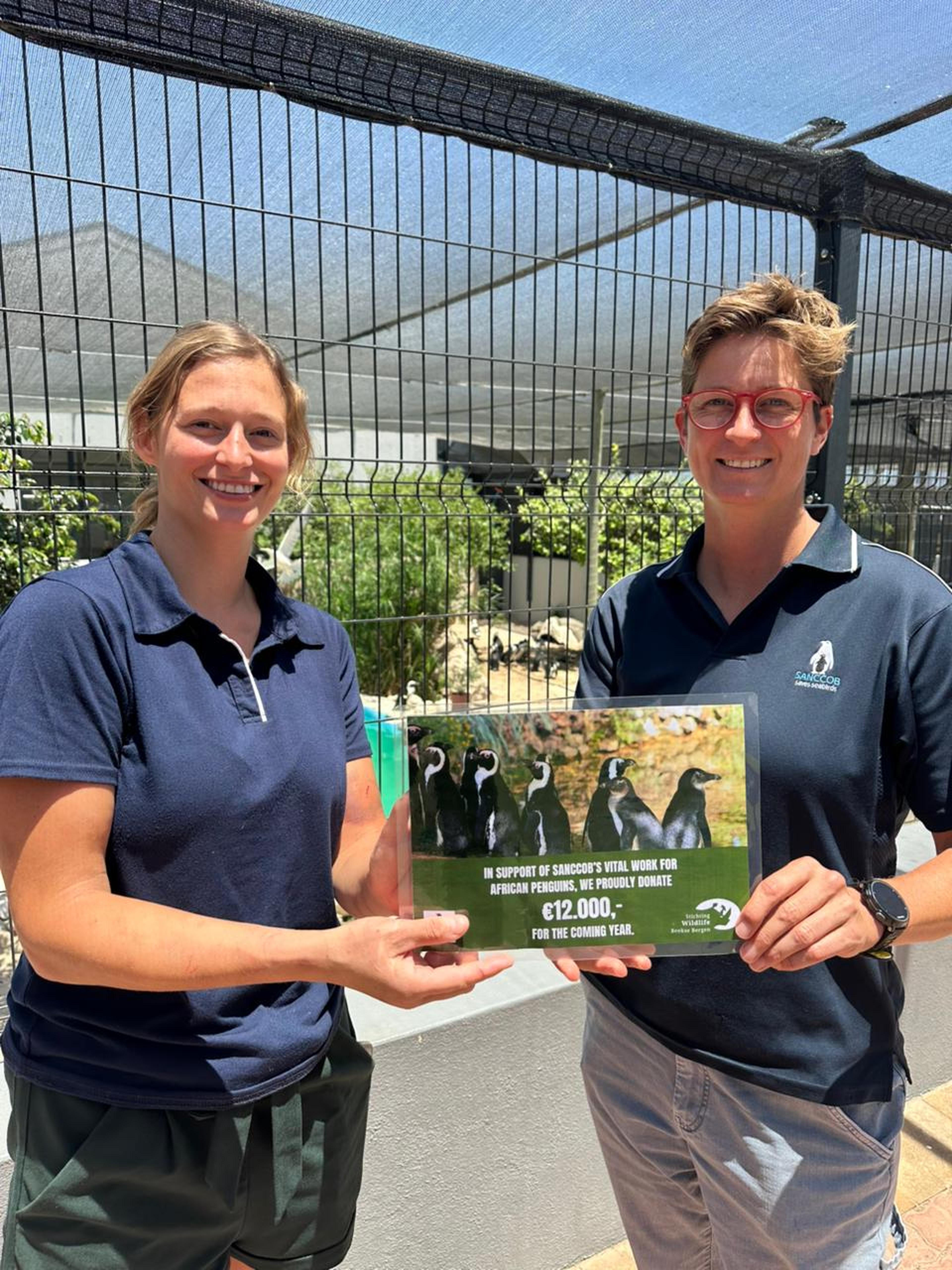 Dierenverzorger Kelly reikt een donatie uit aan Stichting SANCCOB in Zuid-Afrika via Beekse Bergen.