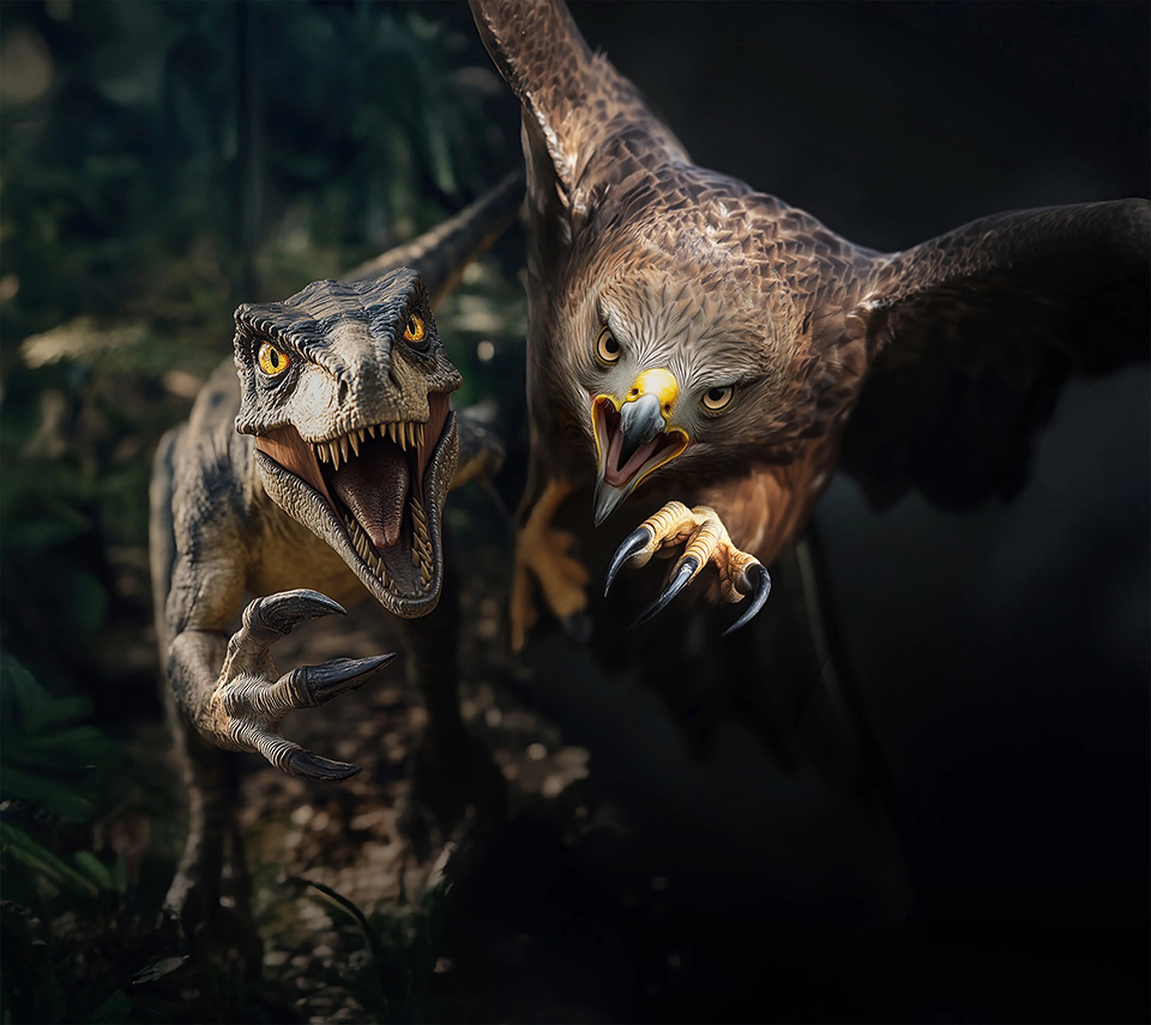 Een velociraptor en een zwarte wouw, beide te zien in de DINO vs DIER expositie bij Eindhoven Zoo.